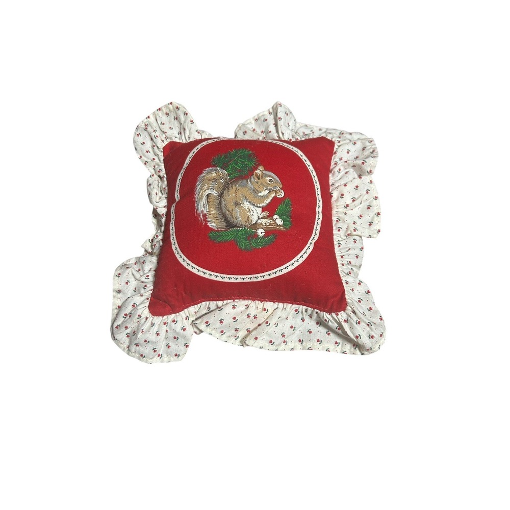 Vintage Mini- Decorative Pillow 9"x9" Country Rustic Holiday Squirrel Scene